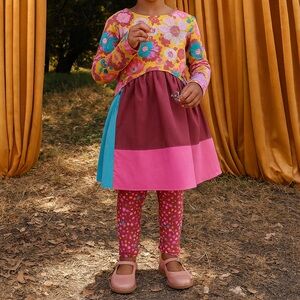 Finding Foxtale Colorful Patchwork 70s Floral Long Sleeve Dress NWT Size 7 Girls